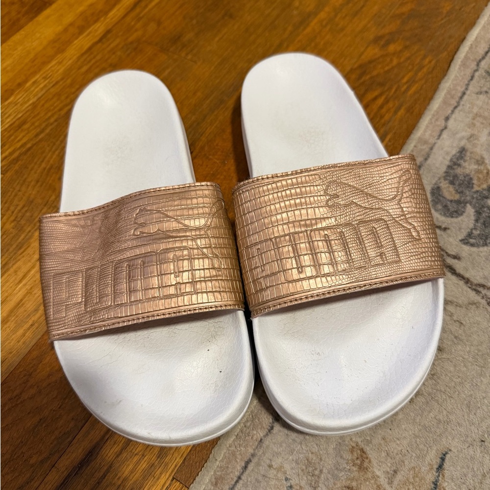 Puma White and Copper Slide Sandals